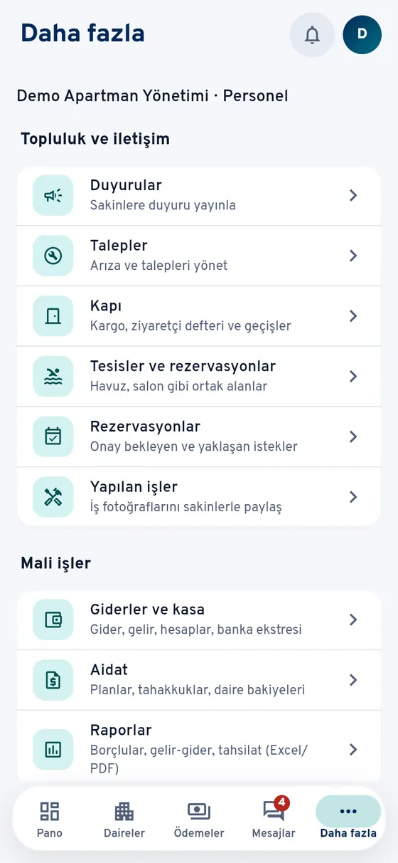 Personel uygulaması, Daha fazla menüsü: duyurular, talepler, kapı, tesisler ve rezervasyonlar, yapılan işler