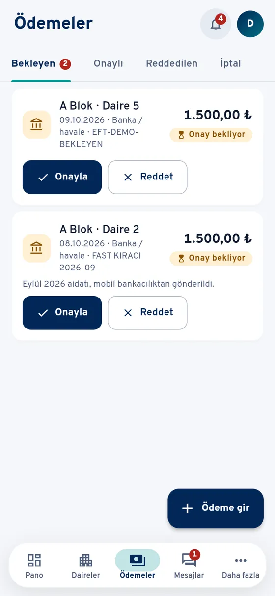 Yönetici uygulaması, Ödemeler ekranı: onay bekleyen havale bildirimleri, her birinde Onayla ve Reddet düğmeleri
